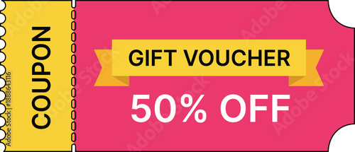 Yellow and pink gift voucher coupon with 50 percent off text discount sale