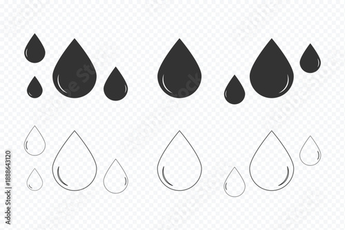 Water drop icon vector, solid illustration, pictogram isolated color editable. Eight black teardrop shapes with shiny highlights. Tear drop icon outline vector sign, linear style pictogram.