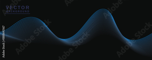 Smooth wavy lines, bright blue, small wave elements, black background, designed with soft yet elegant textured materials.eps 10