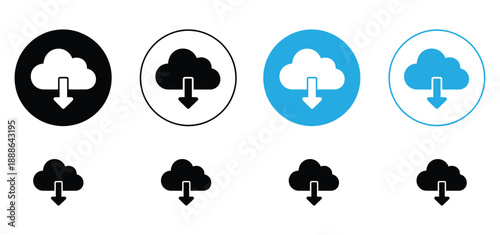 Cloud Download Icon Set. Data Storage, Backup and Server Symbol Vector Collection.Cloud download icon in flat black solid vector set,arrow down download cloud icon and outline