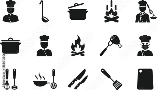 Cooking and kitchen icons set, chef utensils cookware symbols, food preparation tools, culinary equipment collection, restaurant kitchen illustration, black white design