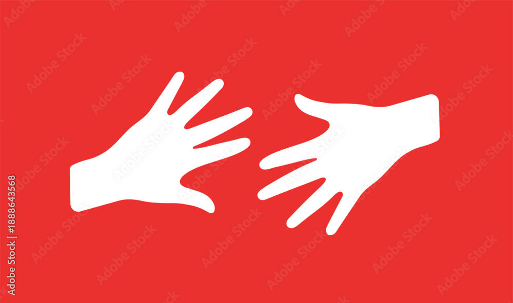 Fototapeta premium Two white open hands reaching out against a solid red background