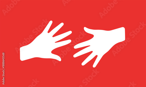 Two white open hands reaching out against a solid red background