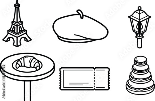 Line art vector icons of paris travel set showing eiffel tower beret croissant on cafe table street lamp ticket and macaron stack simple minimal black outline