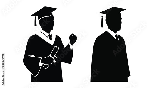 Set of silhouettes depicting male graduates wearing caps and gowns holding diplomas