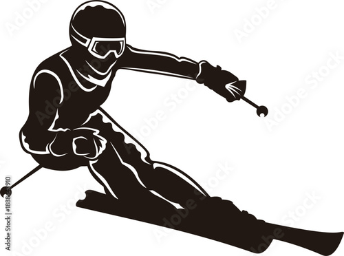 Skier Silhouette Illustration - Downhill Skiing Athlete Action on White Background.
