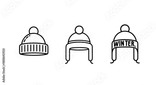 Warm winter hat icons: knitted beanie, earflap hat, and winter cap with 'Winter' text, perfect for cold weather clothing and seasonal fashion.