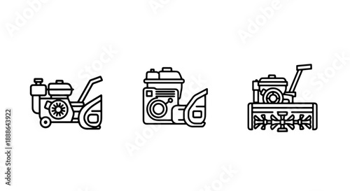 Snow blower machine icons: various types of snow throwers and snow removal equipment for clearing driveways and paths in winter conditions.