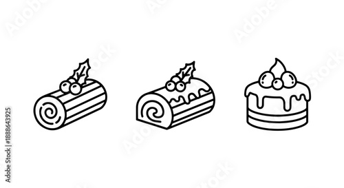 Festive Christmas dessert icons: Yule log cake and decorated bundt cake with holly berries, perfect for holiday baking and seasonal celebrations.