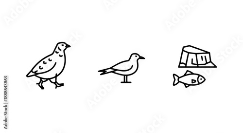 Simple Icons of Birds and Fish, Representing Wildlife, Nature, and Food Sources