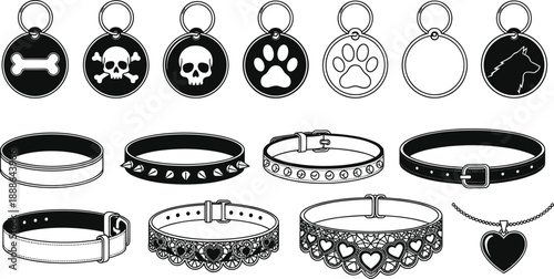 Pet collar and tag silhouettes set, dog identification accessories with paw skull bone symbols, animal care products, pet shop illustration, black white design