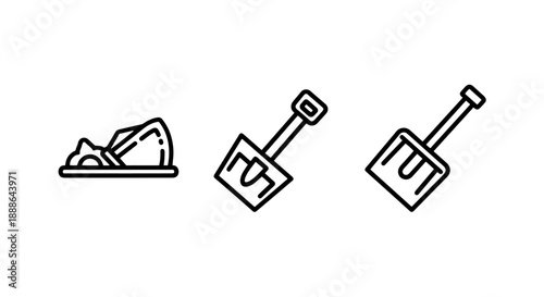 Line Art Icons of Shovels and a Pile of Snow, Representing Snow Removal and Winter Maintenance