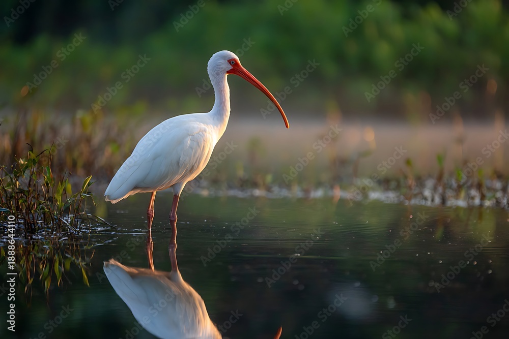 Fototapeta premium Solitary white wading bird with a long curved beak stands in still water during soft morning light