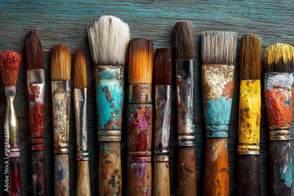 Fototapeta premium Different kinds of used paint brushes lined up on a wooden table showing various colors and textures in an art studio