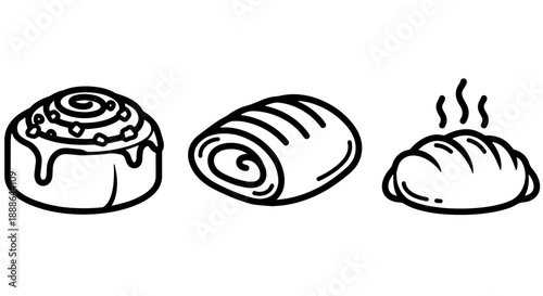 Bakery icons: cinnamon roll, pastry, and crusty bread loaf