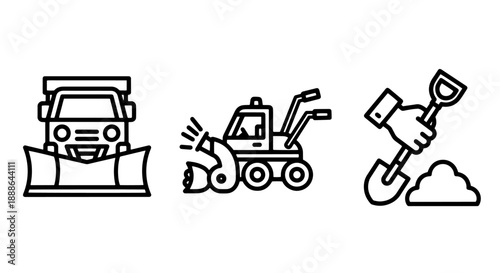 Snow removal equipment icons: snowplow truck, snow blower, and shovel