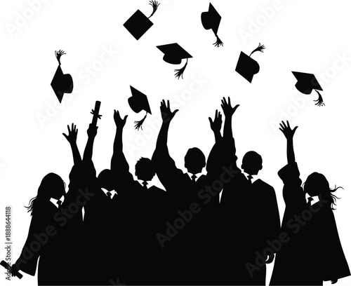 Silhouette of large diverse group of graduates tossing graduation caps in air during commencement ceremony