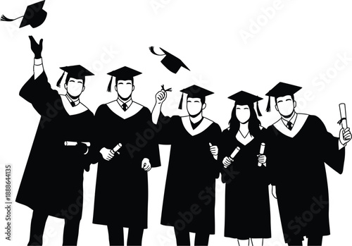 Silhouette five graduates in gowns holding diplomas and throwing caps, celebrating academic success together