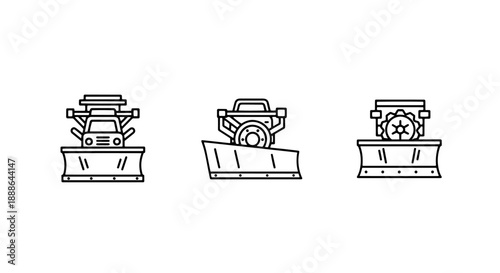 Snowplow and vehicle icons in various styles, signifying winter road maintenance, clearing snow, and heavy-duty machinery, depicted in a bold outline format.