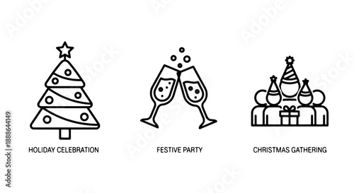 Christmas and holiday icons: a decorated Christmas tree, clinking champagne glasses, and a group celebrating with party hats and a gift, signifying festive gatherings.