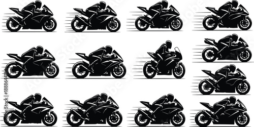 Sport motorcycle racing silhouettes set, high speed superbike motion, motorbike rider action, racing concept, transportation illustration, black white design