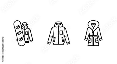 Winter clothing icons: a snowboard with a jacket, a hooded jacket, and a fur-lined coat, showcasing outerwear for cold weather sports and activities.