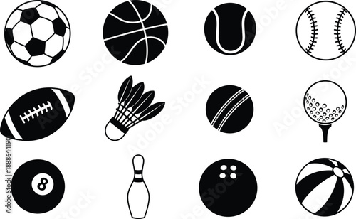 Sports balls icons set, soccer basketball tennis baseball equipment symbols, athletic games collection, recreation activity illustration, black white design
