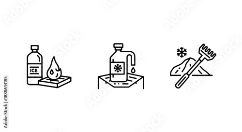 Winter preparedness icons: a bottle labeled 'ICE' with a drop, a dispensing bottle with a snowflake, and a scraper tool on icy ground, symbolizing ice control and winter solutions.