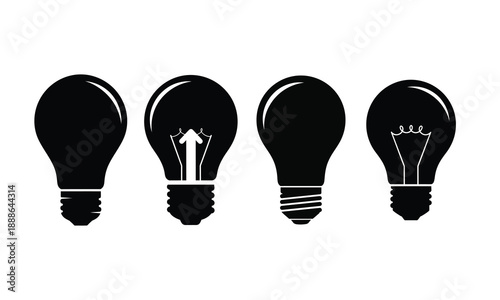 Set of four light bulb silhouettes representing creativity, idea, solution, innovation