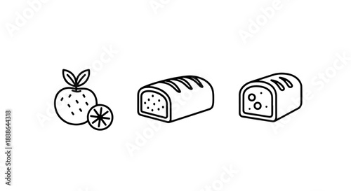 Fresh fruit and bread icons: orange, orange slice, and loaf of bread