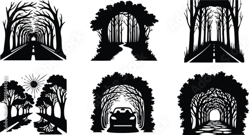 Silhouette vector tree tunnel road with car stone path winding lane mirrored pond sun low angle side view set of six forest arch panels black silhouettes