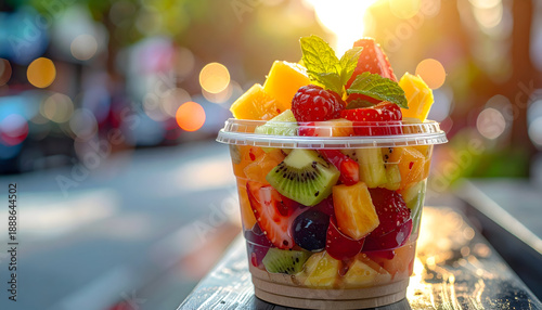 Vibrant Fresh Fruit Salad Cup Overflowing With Mango Strawberry Kiwi Raspberry Blueberry and Mint Leaves Illuminated By Golden Hour Sunlight With Soft Bokeh Background Of City Lights