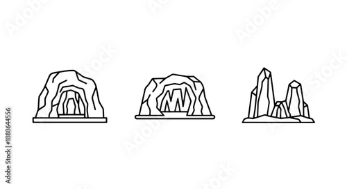 Cave and rock formation icons depicting geological features and natural exploration.