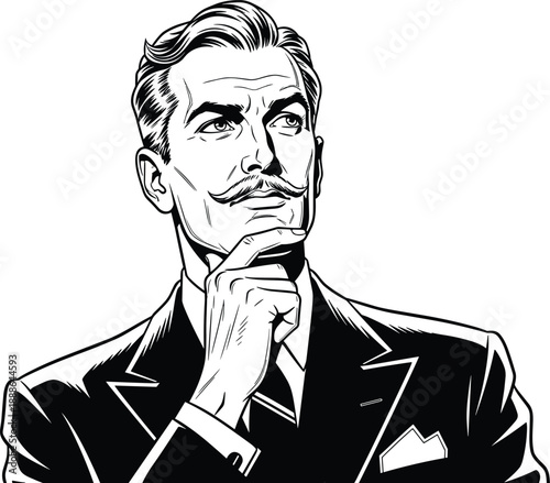 Thoughtful businessman portrait illustration, confident professional man thinking pose, leadership mindset concept, success strategy, vintage style, black white artwork