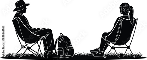Two travelers sitting outdoors silhouettes, backpack resting between chairs, peaceful camping rest moment, adventure travel lifestyle, nature relaxation concept illustration