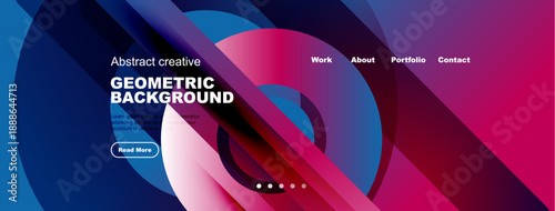 Abstract website header design. Vibrant colors, geometric shapes, text elements present. Navigation menu visible. Modern aesthetic.