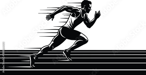 Minimalist vector line art male sprinter side view powerful forward drive on striped track wearing singlet running shoes low angle muscular silhouette dynamic motion speed athlete