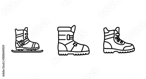 Snow boots and ski boots icons for winter footwear and cold weather sports, offering protection and grip
