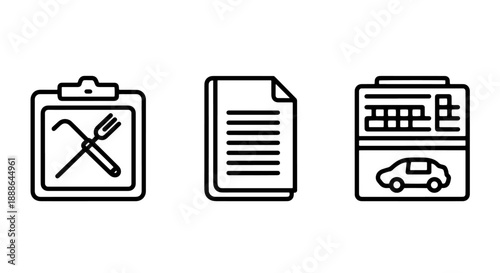 Simple line icons representing services: checklist clipboard with crossed out cutlery, document with lines, and a grid with a car.