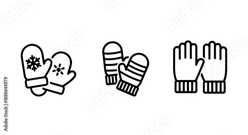 Outline icons for cold weather handwear: mittens with snowflakes, striped mittens, and gloves.