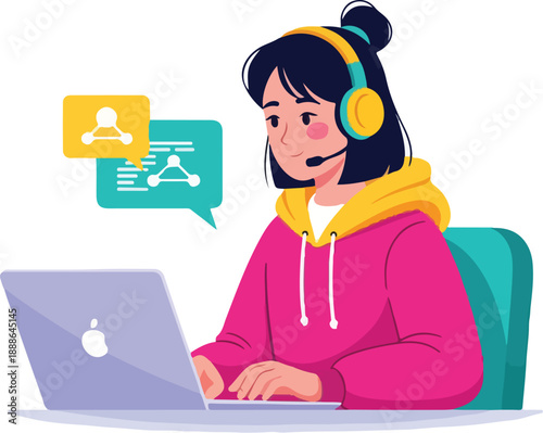 A young girl wearing a headset and using a laptop with a speech bubble, depicted in a colorful digital illustration. Perfect for International Girls in ICT Day, technology promotions, and