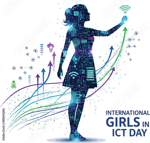 A young girl in a futuristic circuit design, interacting with digital elements on International Girls in ICT Day. Perfect for technology, education, and marketing content.