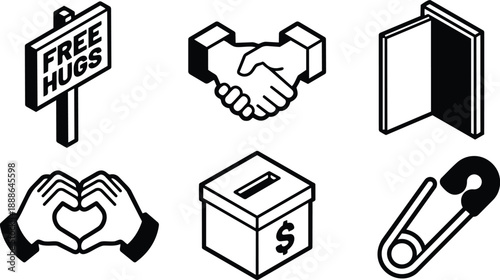 Isometric line art icons set six social charity symbols free hugs sign handshake open book heart hands forming donation box safety pin minimal flat vector monochrome