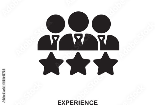 Three person icons with ties and three stars below, flat black design on white, representing employee experience, rating, or customer feedback
