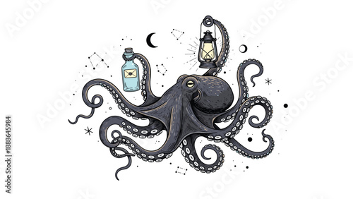 Whimsical dark octopus holding a vintage lantern and a message in a bottle amidst a starry night sky with a crescent moon and stars.