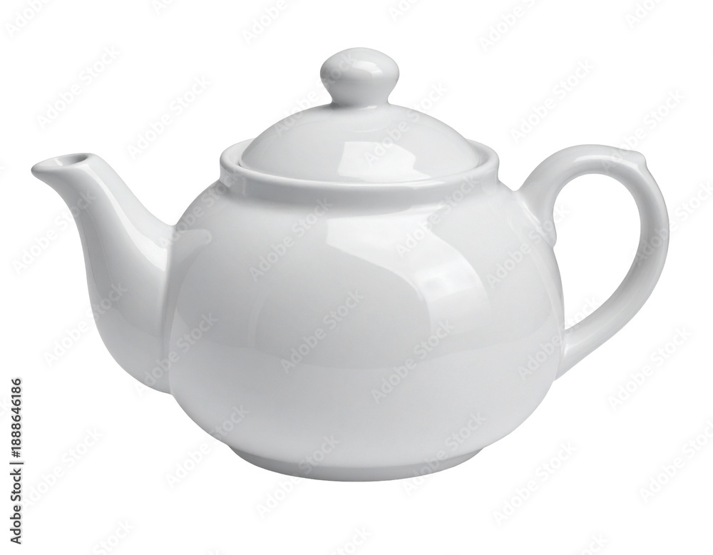 Obraz premium Classic white porcelain teapot with rounded body, spout, handle, and lid