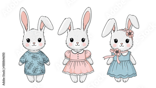 Collection of three cute cartoon bunnies dressed in adorable outfits including a leafy shirt and floral dresses on a white background.