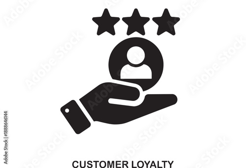 Black flat icon of a hand holding a user profile symbol with three stars above, representing customer loyalty and positive feedback.
