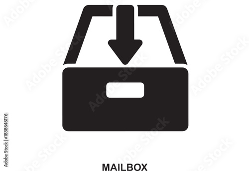 Simple black icon of a mailbox with a downward arrow indicating delivery or submission, flat design graphic on white background