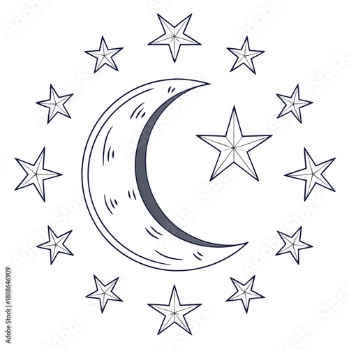 Crescent moon shining brightly with stars in night sky